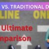 video comparing online and traditional degrees. The background is an image of a paved road with "OFFLINE" and "ONLINE" painted on it, pointing in opposite directions with arrows. In the foreground, a young female student with a backpack and books stands. The title "ONLINE VS. TRADITIONAL DEGREE:" is at the top in white text, and "The Ultimate Comparison" is in large, bold red text in the center.
