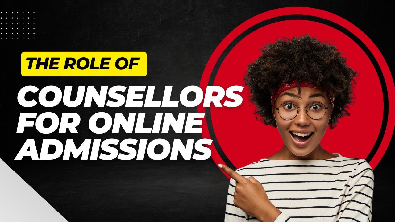 "The role of counsellors for online admissions — a young student excitedly pointing towards text highlighting the importance of counsellor guidance in online education and valid university admissions."
